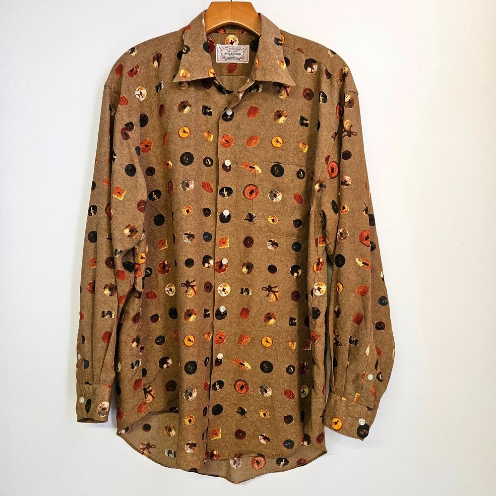VTG Atelier Sab Men's Buttons Design Tan Long Sleeve Shirt Size L Unique‎ Funky
